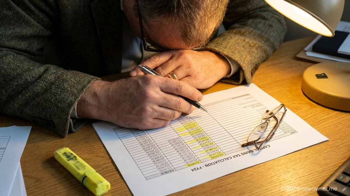 Business Asset Disposal Relief 2026 — owner reviewing capital gains tax calculations and the 18% BADR rate on a company share disposal