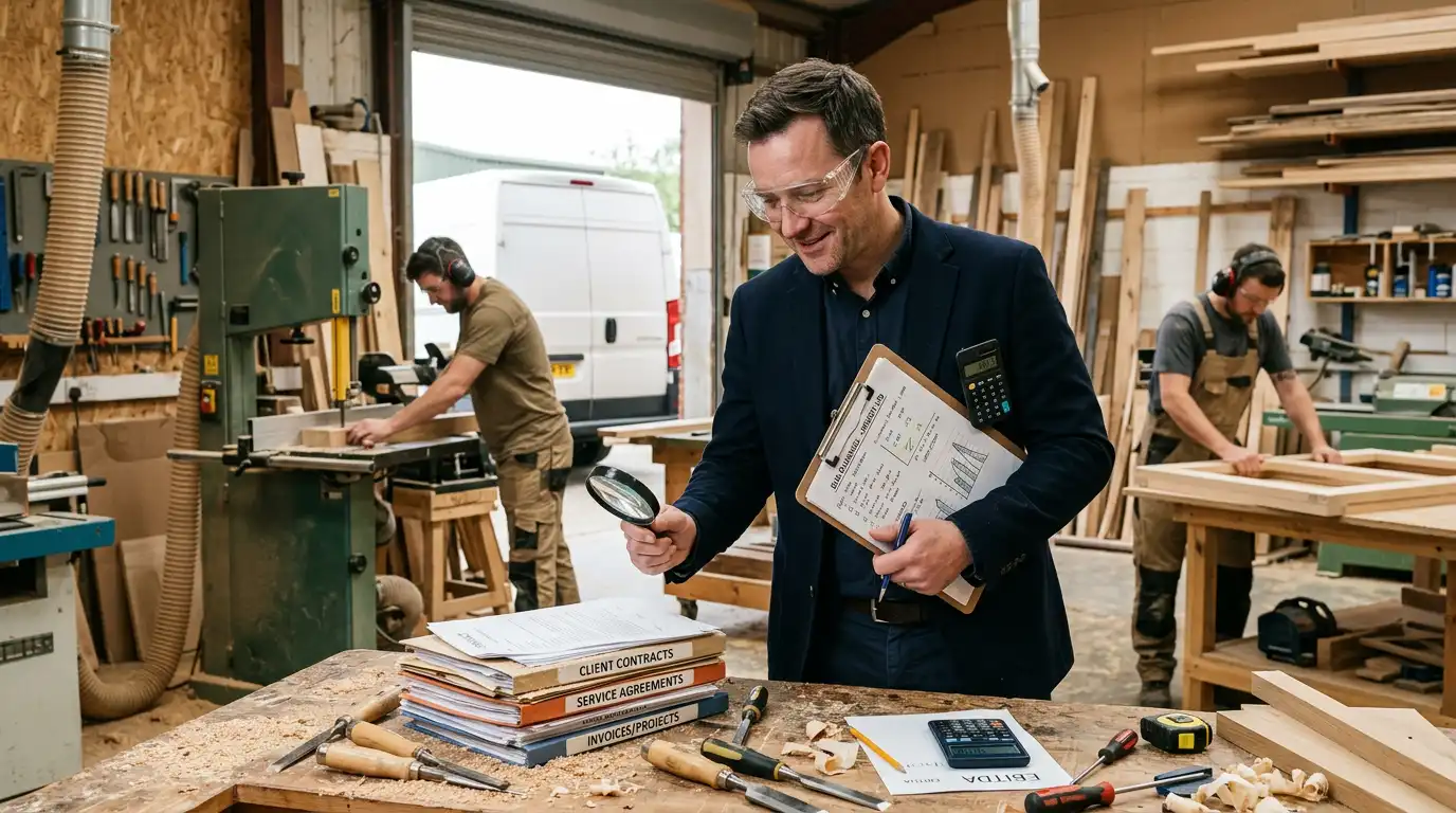 Buying a joinery or trade business UK — workshop floor with carpentry and HVAC equipment