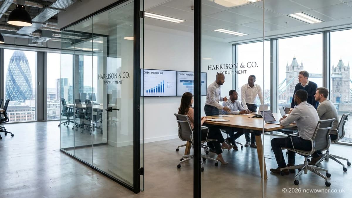 Recruitment business for sale UK: open-plan staffing consultancy office with consultant desks