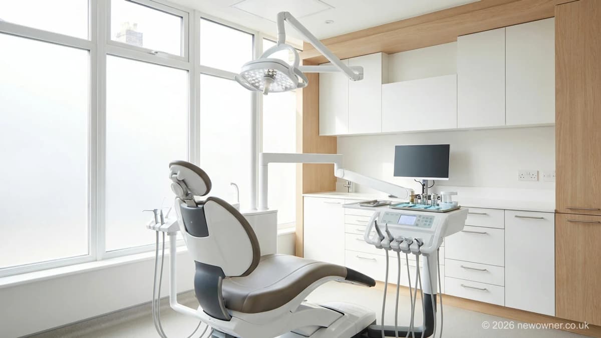 Dental practice for sale UK: treatment room with dental chair and overhead light