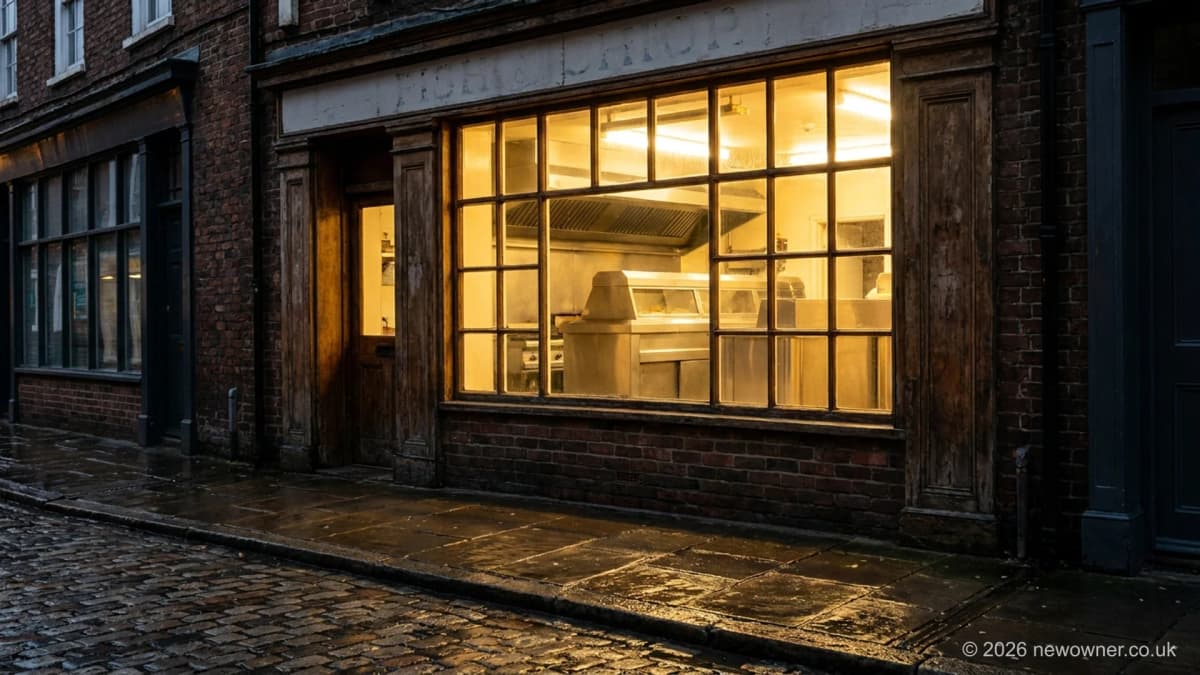 Fish and chip shop for sale UK: lit chippy frontage on a high street at dusk