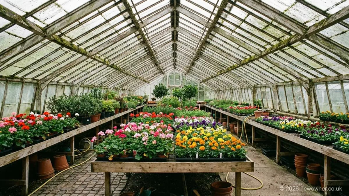 Garden centre for sale UK: benches of bedding plants under a glasshouse roof in spring