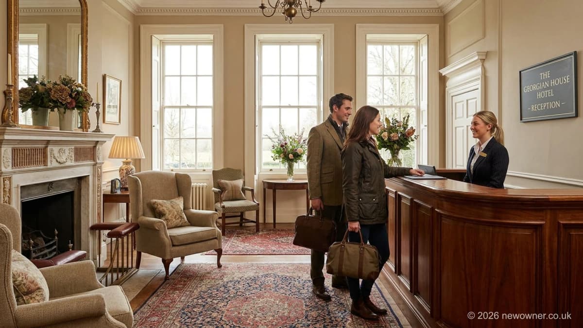 Hotel for sale UK: boutique hotel reception lobby and guest room corridor