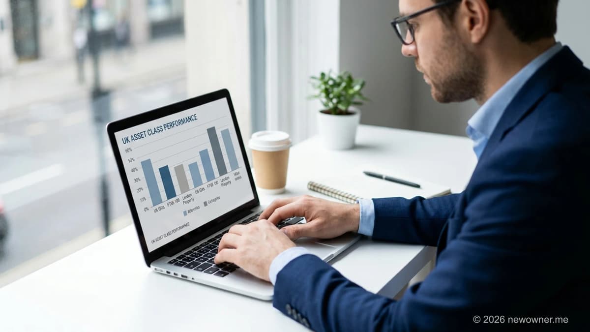 Investment opportunities UK 2026 — private investor comparing asset class returns, risk and minimum tickets on laptop