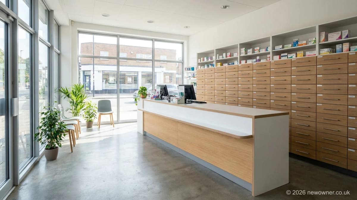 Pharmacy for sale UK: dispensing counter and medicine shelving inside a community pharmacy